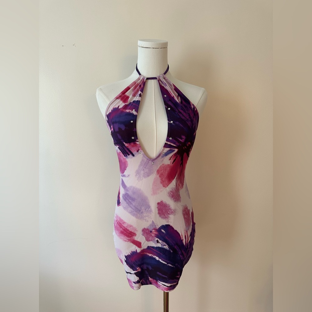 Purple and Pink Watercolor Rhinestone Halter Dress